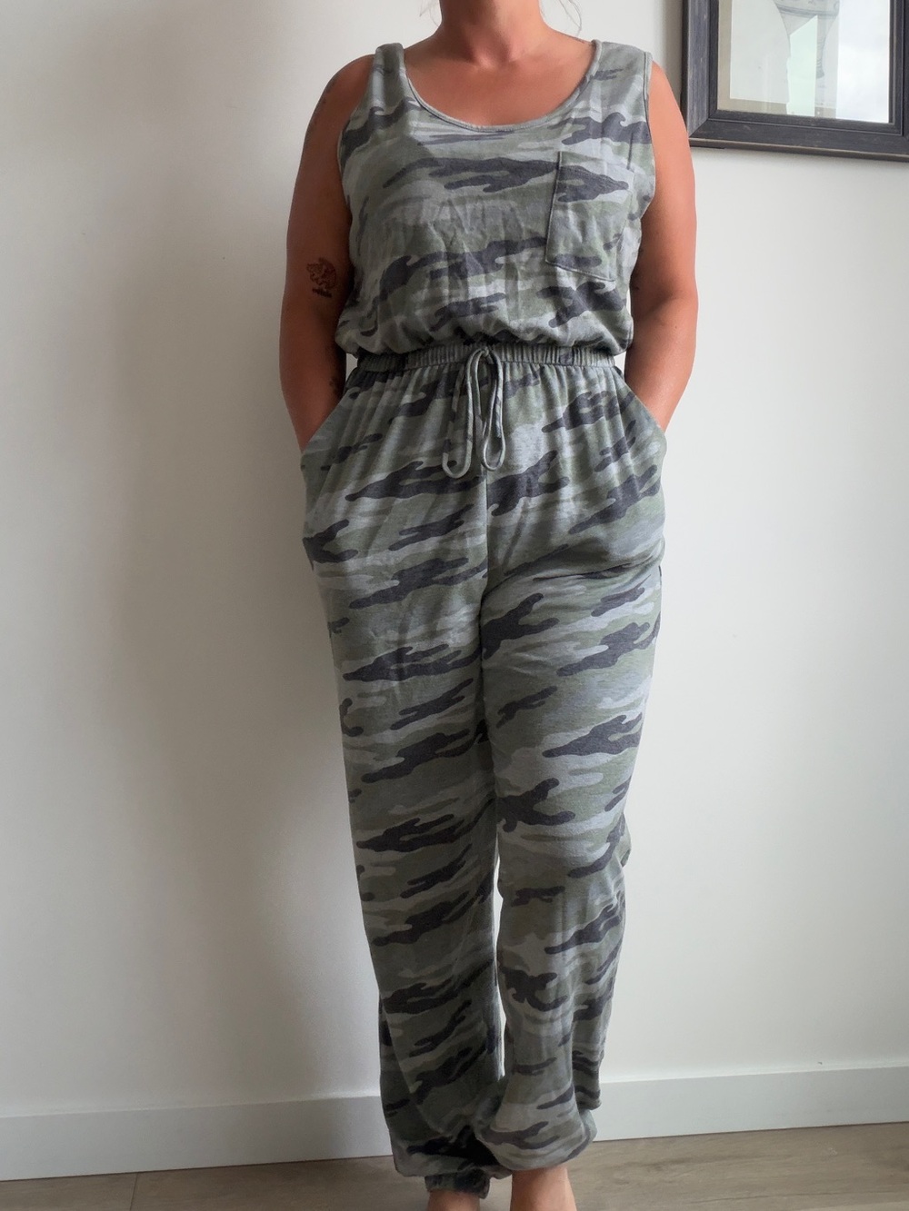 Vanilla Bay Olive Camo Sleeveless Drawstring Jumpsuit